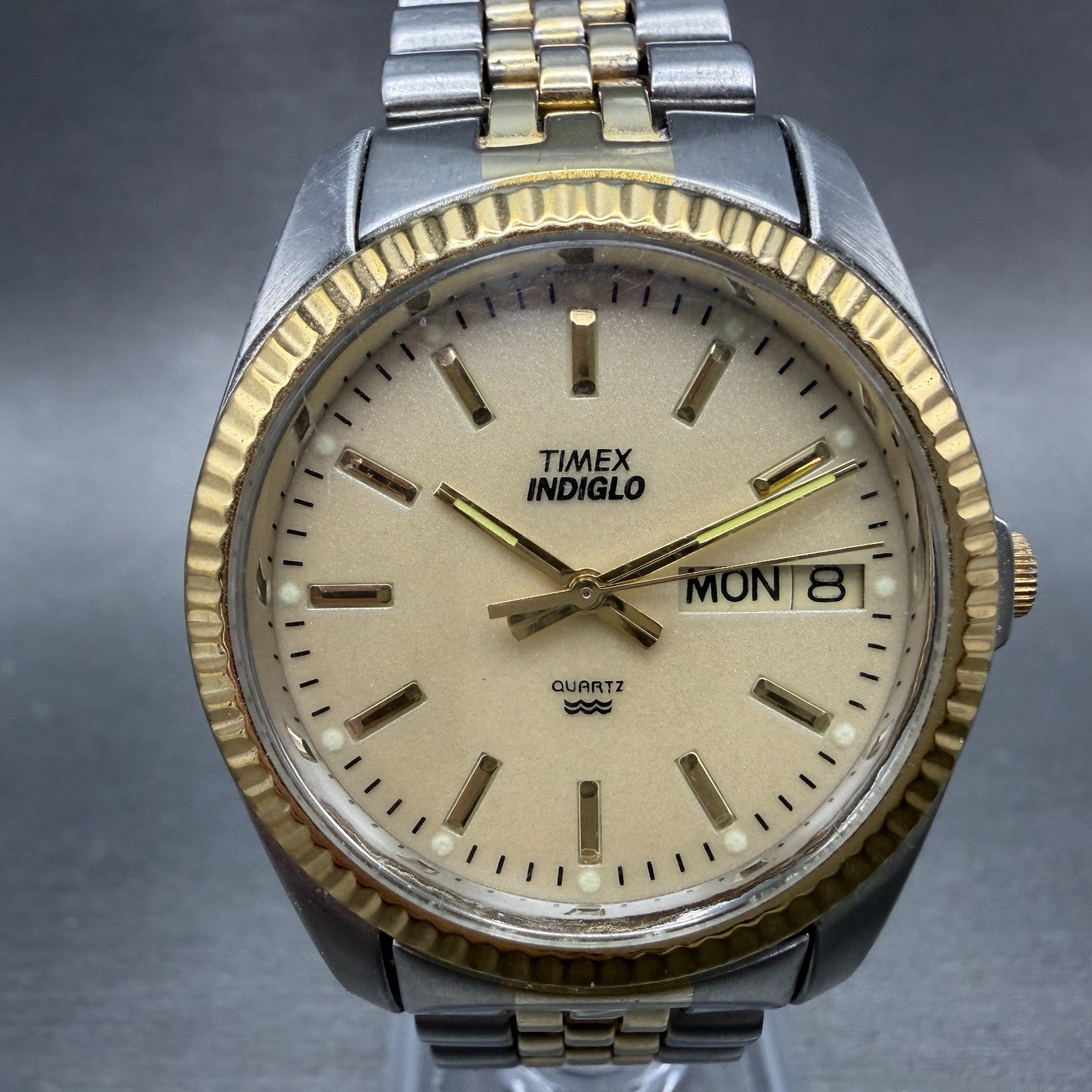 Timex President Watch Men 36mm Cream Dial Two Tone Daydate Indiglo New Battery0