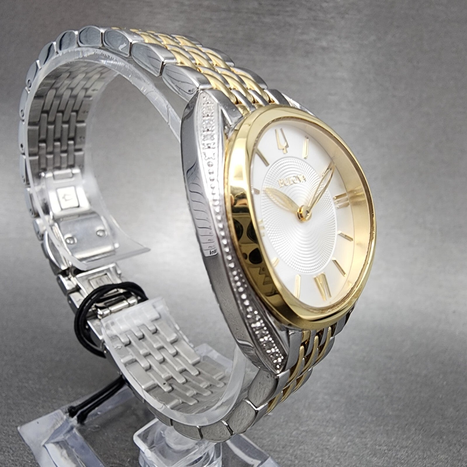 Bulova Diamond Watch Women 30mm Silver Dial Two Tone Diamond Bezel Round 98R2963