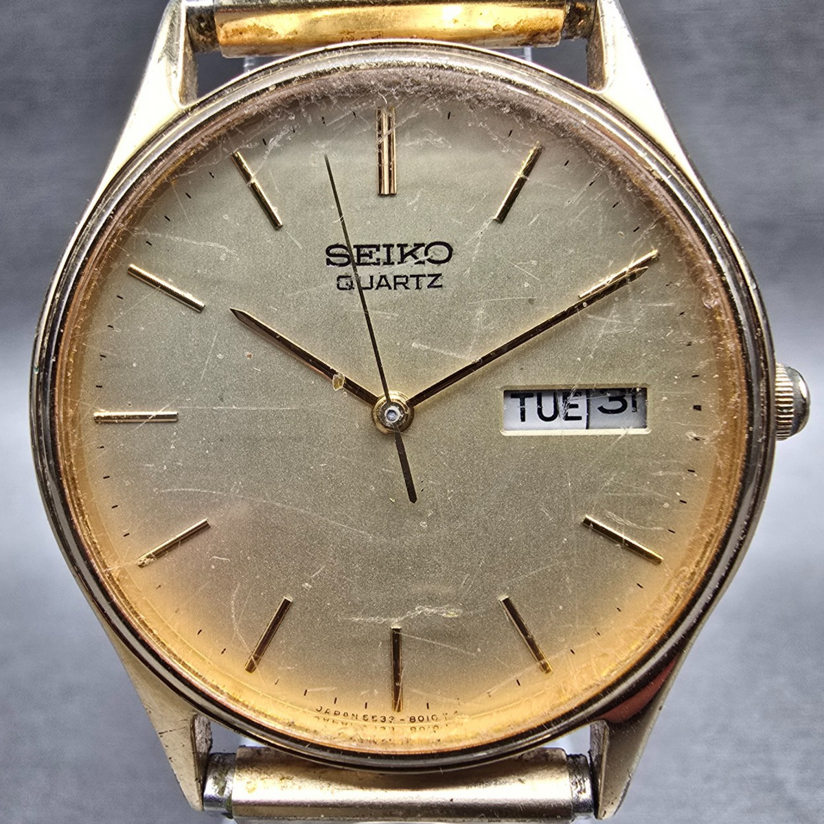 Seiko Watch Men 33mm Champagne Dial Gold Tone Daydate Round 6533-8019 New Batt1