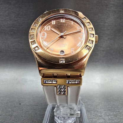 Swatch Irony Fancy Me Pink Gold Watch Women 33mm Gemmed Date YLG403 New Battery5