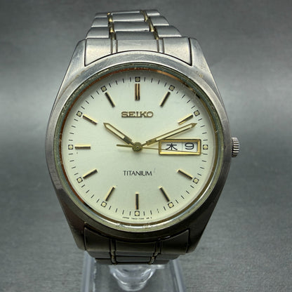 Seiko Watch Men 36mm Champagne Dial Two Tone Titanium Daydate 7N43-9100 New Bat30