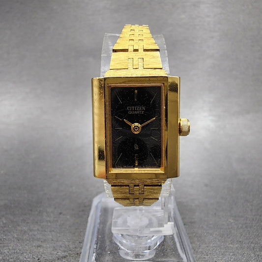 Citizen CQ Watch Women 17mm Black Dial Gold Tone Rectangle 3220 New Battery0