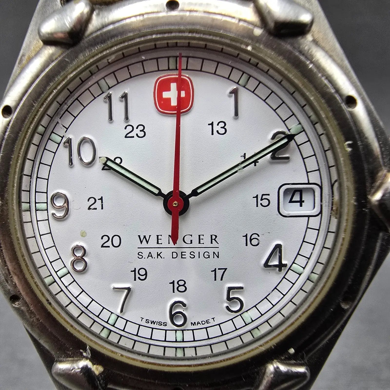 Wenger SAK Watch Men 36mm White Dial Silver Tone Date Round Vintage PARTS VTG LP2