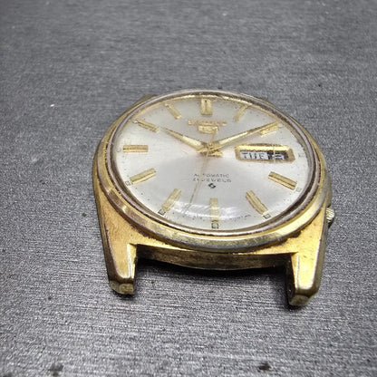 Seiko 5 Automatic Watch men Silver Dial Gold Tone Daydate 6119-8090 PARTS VTG6