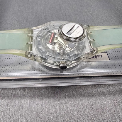 Swatch Gent SMALL IN BIG Watch Men 34mm White Dial Clear Case GK254 New Battery10