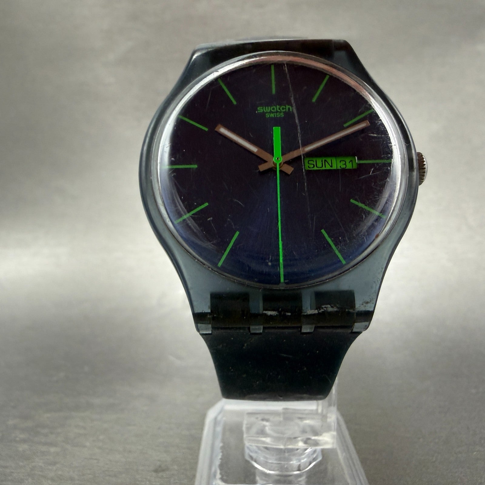 Swatch Blue Rebel Watch Men 41mm Blue Dial Gray Daydate SUON700 New Battery ABC5