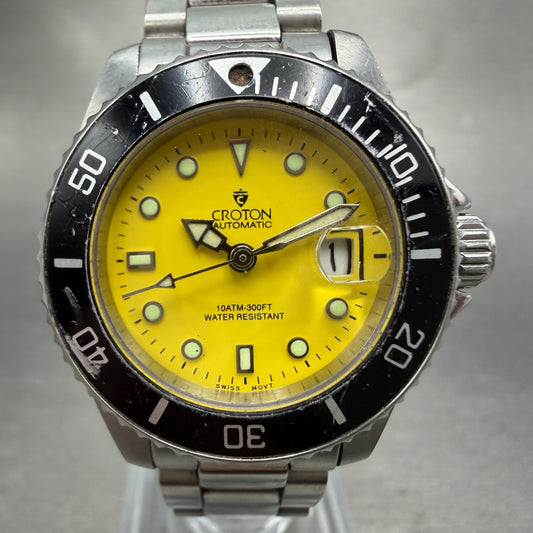 Croton automatic Dive Watch Women 29mm Yellow Dial Silver Tone Date Round Runs0