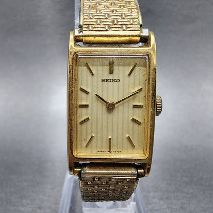 VTG Seiko Tank Watch Women 17mm Champagne dial Gold Tone Rectangle Manual Wind0