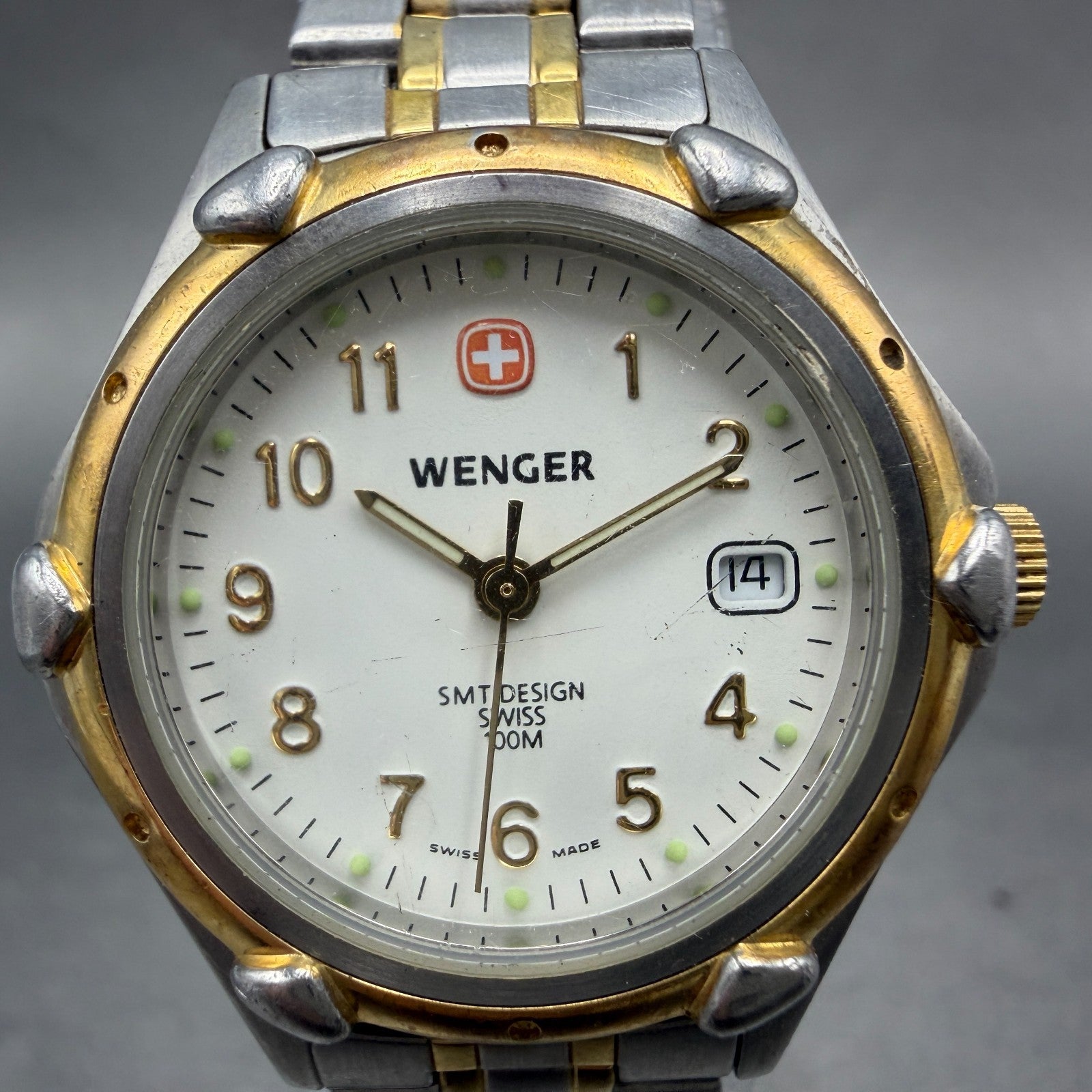 Wenger SAK Design Watch Women 28mm White Dial Two Tone Date Round New Battery9121