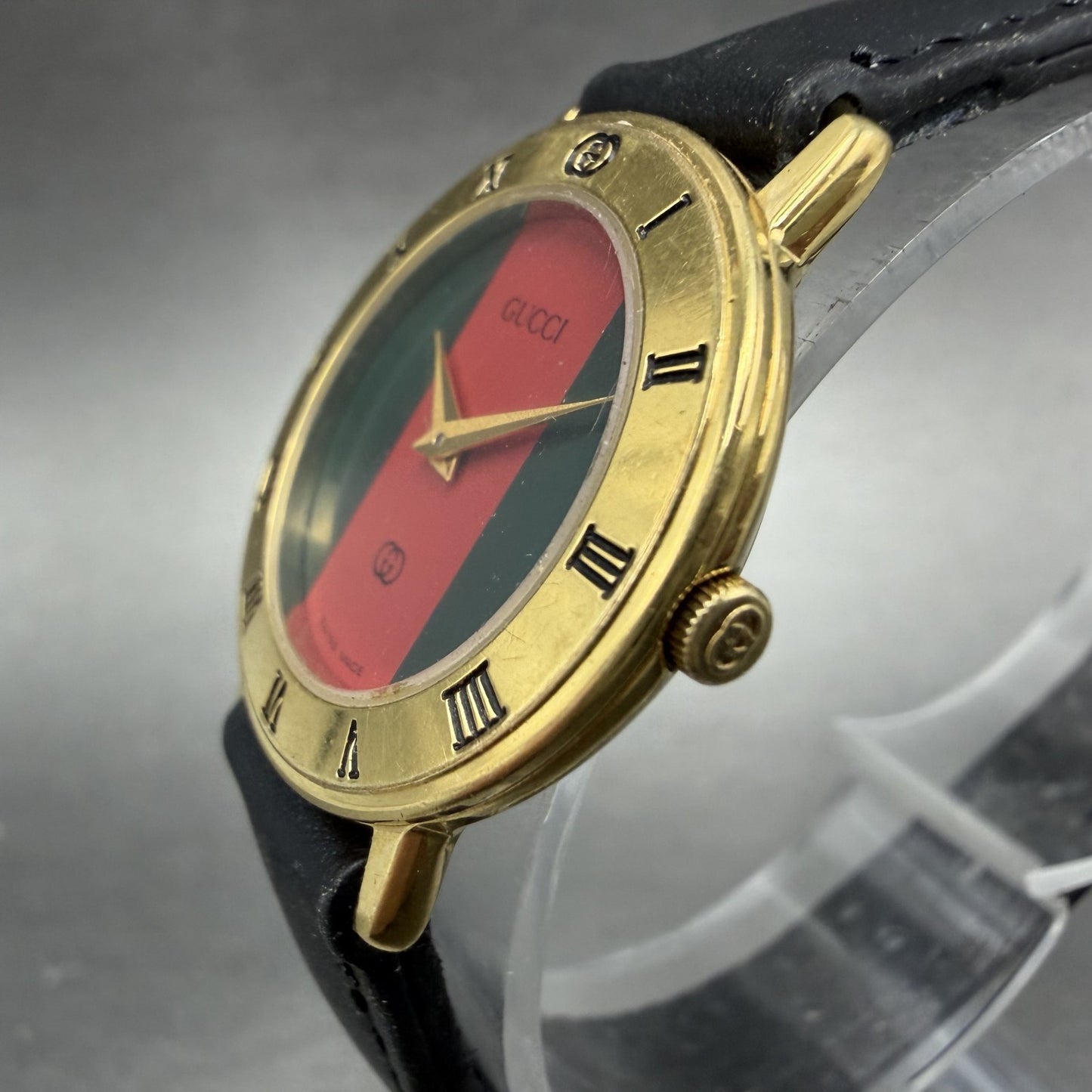 Gucci 3000L Watch Women 26mm Red Green Dial Gold Plated Round Leather New BattA12