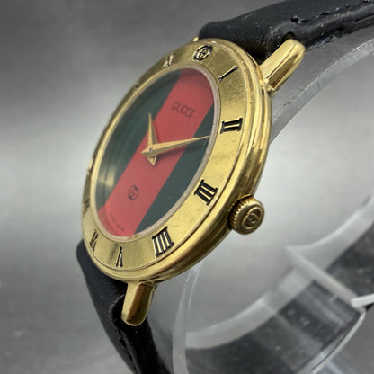 Gucci 3000L Watch Women 26mm Red Green Dial Gold Plated Round Leather New BattA12
