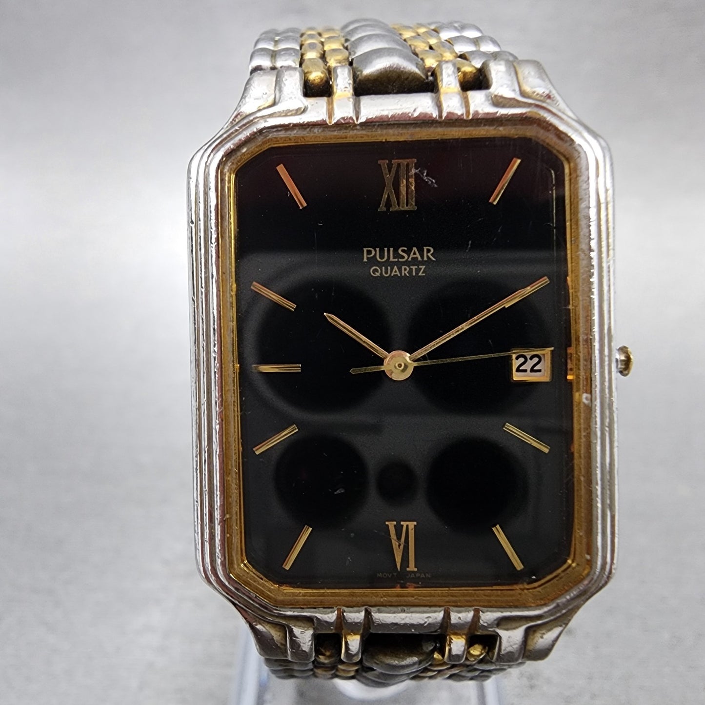 Pulsar Tank Watch Men 26mm Black Dial Two Tone Date Rectangle READ!! New Battery1