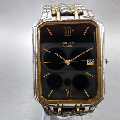 Pulsar Tank Watch Men 26mm Black Dial Two Tone Date Rectangle READ!! New Battery1