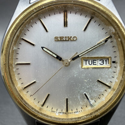 Seiko Watch Men 37mm Silver Dial Two Tone Daydate Round 7N43-9048 New Battery UL1