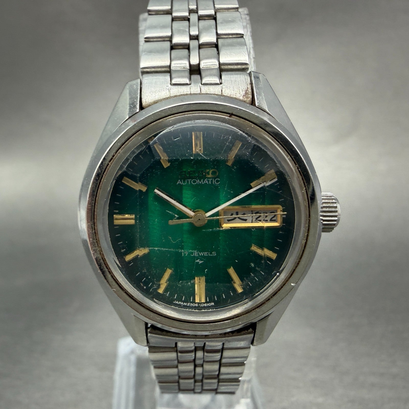 Seiko Automatic Watch Women 27mm Green Dial Silver Tone Daydate 2206-0340 PARTS0