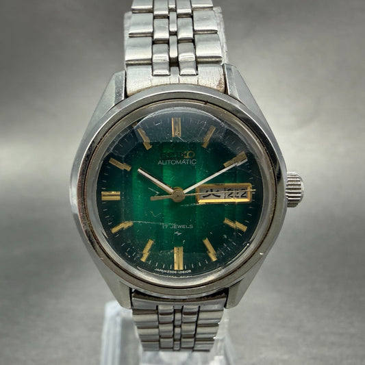Seiko Automatic Watch Women 27mm Green Dial Silver Tone Daydate 2206-0340 PARTS0