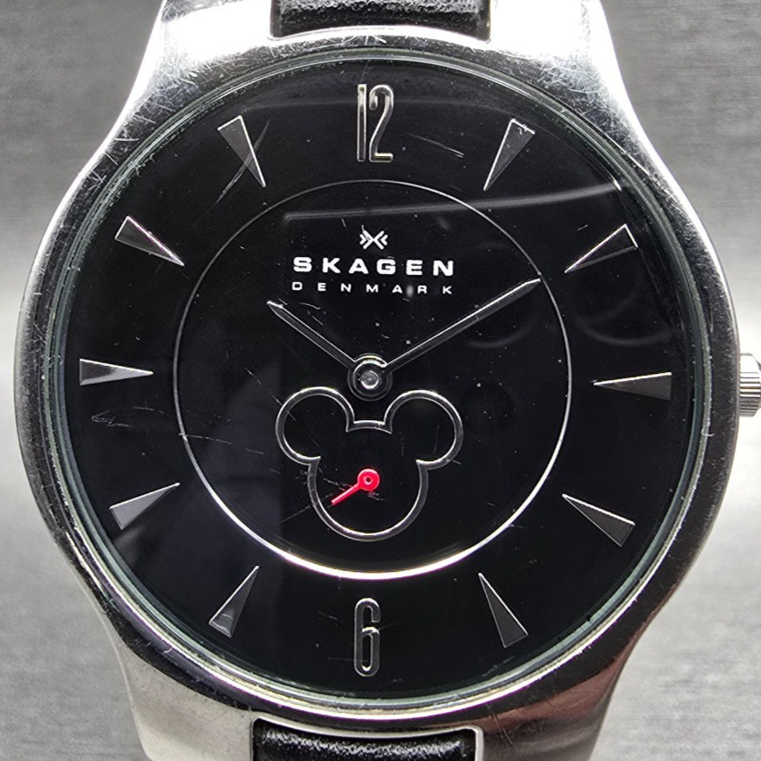 Skagen Mickey Mouse Watch Men 33mm Black Dial Silver Tone Round D433LSLB New Bat1