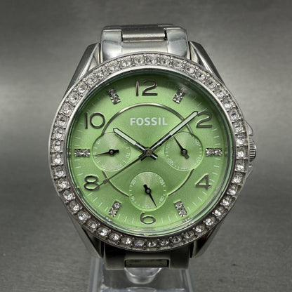 Fossil Riley Watch Women 39mm Green Dial Silver Tone Daydate Round ES3725 NewBat0