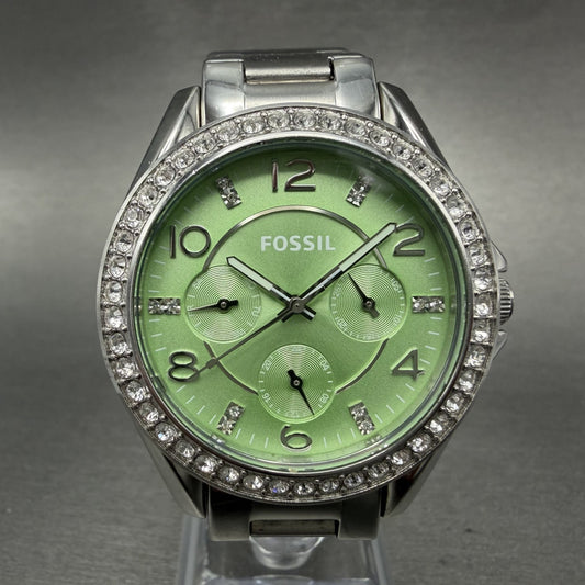 Fossil Riley Watch Women 39mm Green Dial Silver Tone Daydate Round ES3725 NewBat0