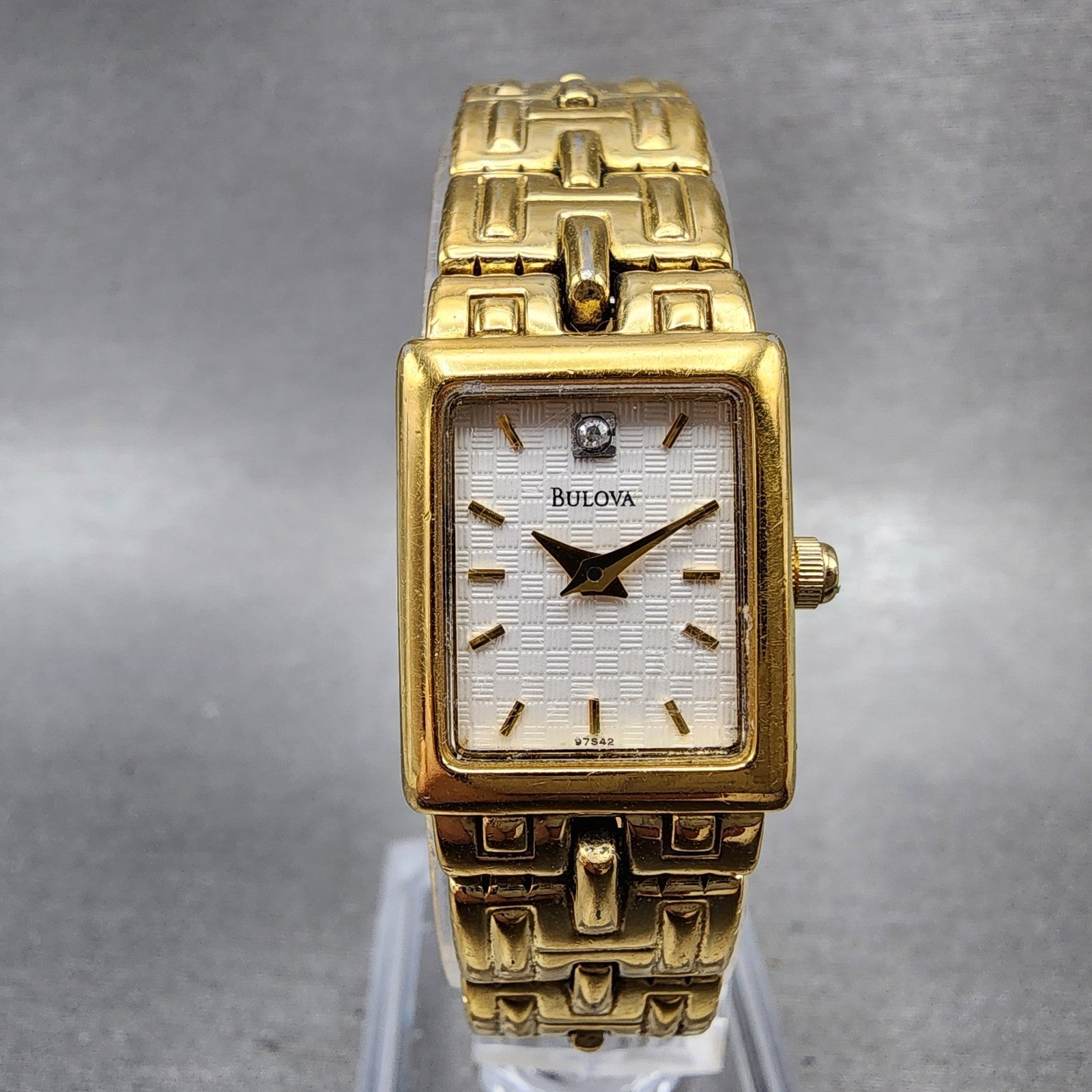 Bulova Tank Watch Women 16mm White Dial Gold Tone Rectangle 97S42 New Battery0