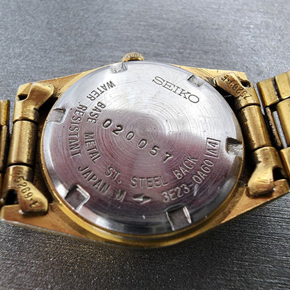 Seiko SQ Watch Women 24mm Gold Dial Gold Tone Daydate Round 3E230A60 NewBattery9