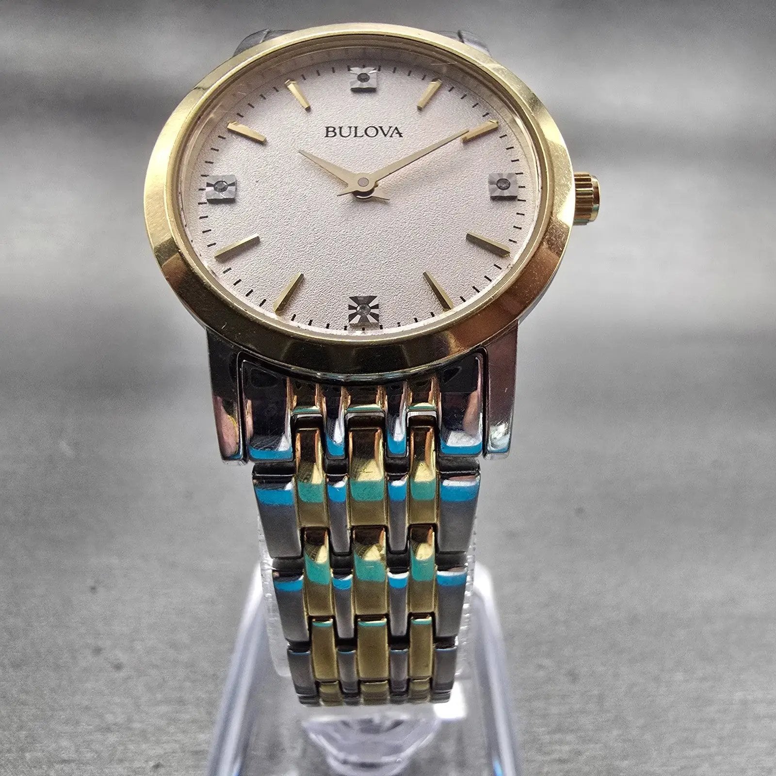 Bulova Watch Women 27mm Silver Dial Two Tone Gemmed Round 98P115 New Battery5