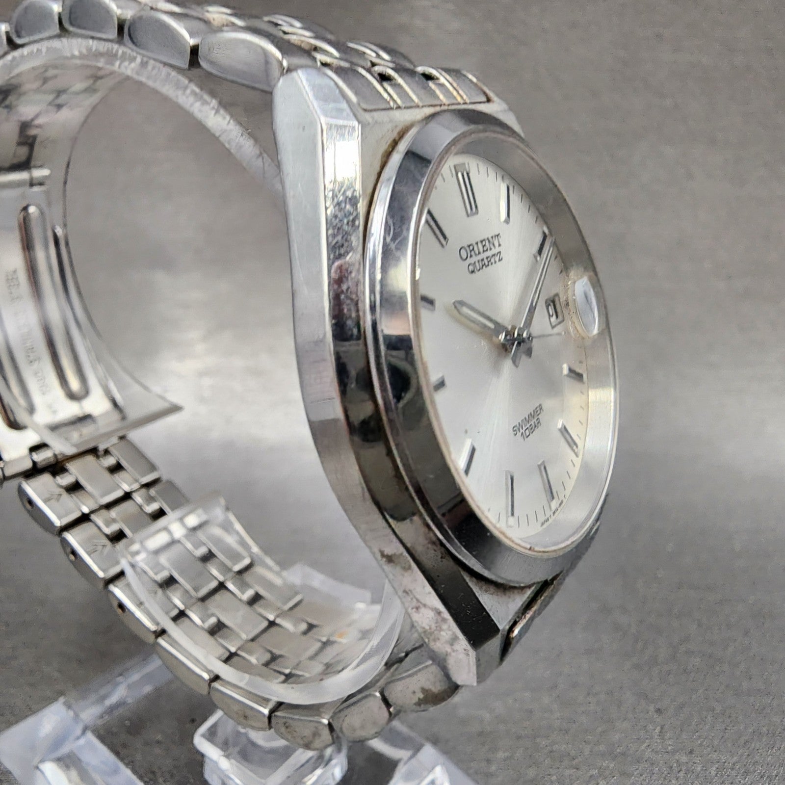 Orient Swimmer Watch Men 36mm Silver Dial Silver Tone Date Round READ New Batt3