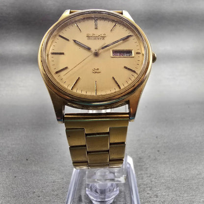Seiko SQ Watch Men 35mm Gold Dial Gold Tone Daydate Round 5Y23-8029 New Battery5