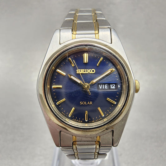 Seiko Solar Watch Women 25mm Blue Dial Two Tone Daydate Round V138-0AA0 Runs