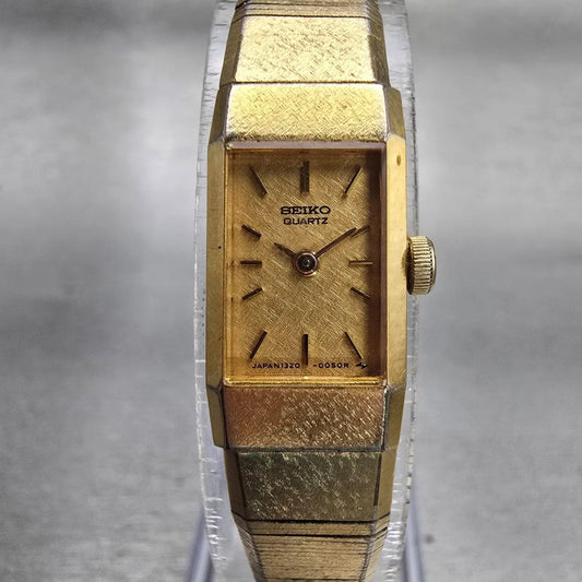 Seiko Watch Women 12mm Gold Dial Gold Tone Rectangle 1320-5049 New Battery VTG0