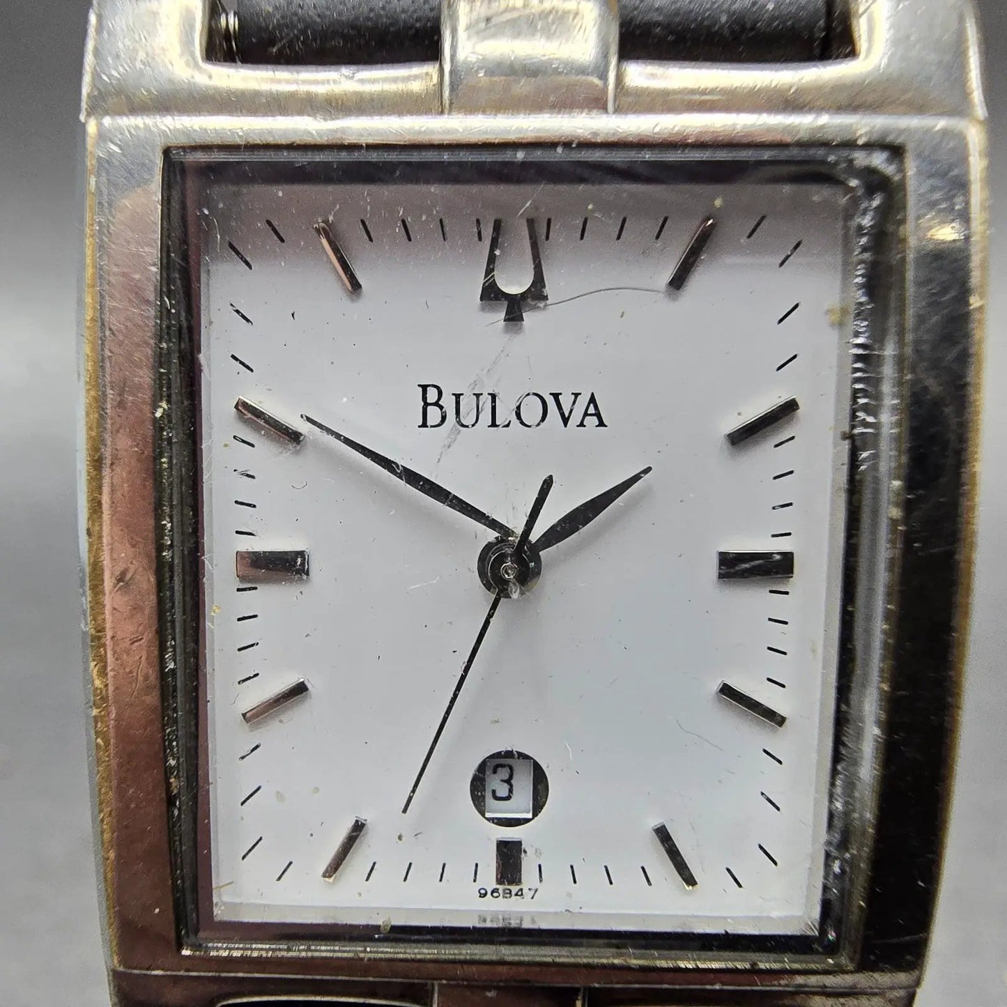 Bulova Tank Watch Men 25mm White Dial Silver Tone Date Rectangle 96B47 PARTS VTG2