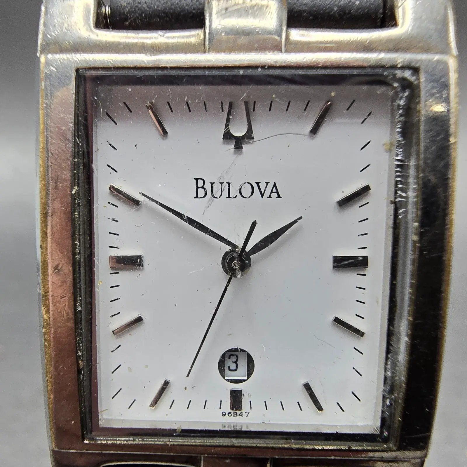 Bulova Tank Watch Men 25mm White Dial Silver Tone Date Rectangle 96B47 PARTS VTG2