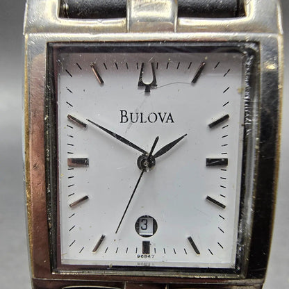 Bulova Tank Watch Men 25mm White Dial Silver Tone Date Rectangle 96B47 PARTS VTG2