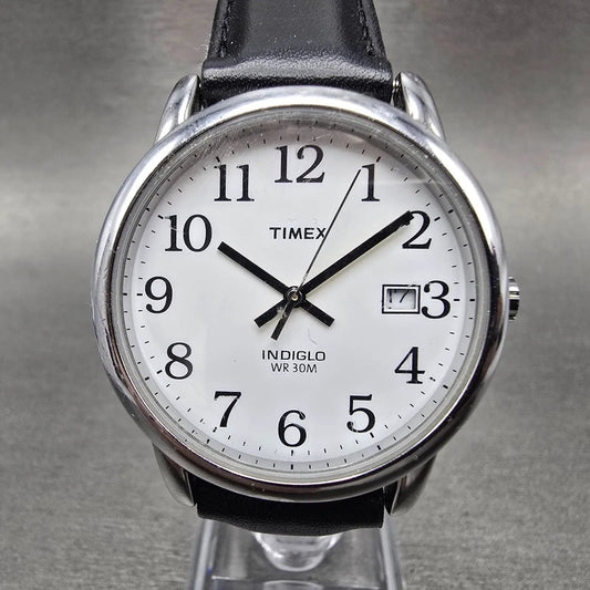 Timex Easy Reader Watch Men 35mm White Dial Silver Tone Round Date New Battery0