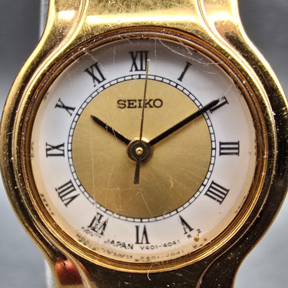 Seiko Watch Women 19mm Gold Dial Gold Tone Round V401-0289 New Battery VTG JPK1