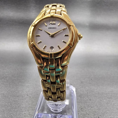 Seiko Watch Women 26mm White Dial Gold Tone Date Round V789-0369 New Battery VTG5