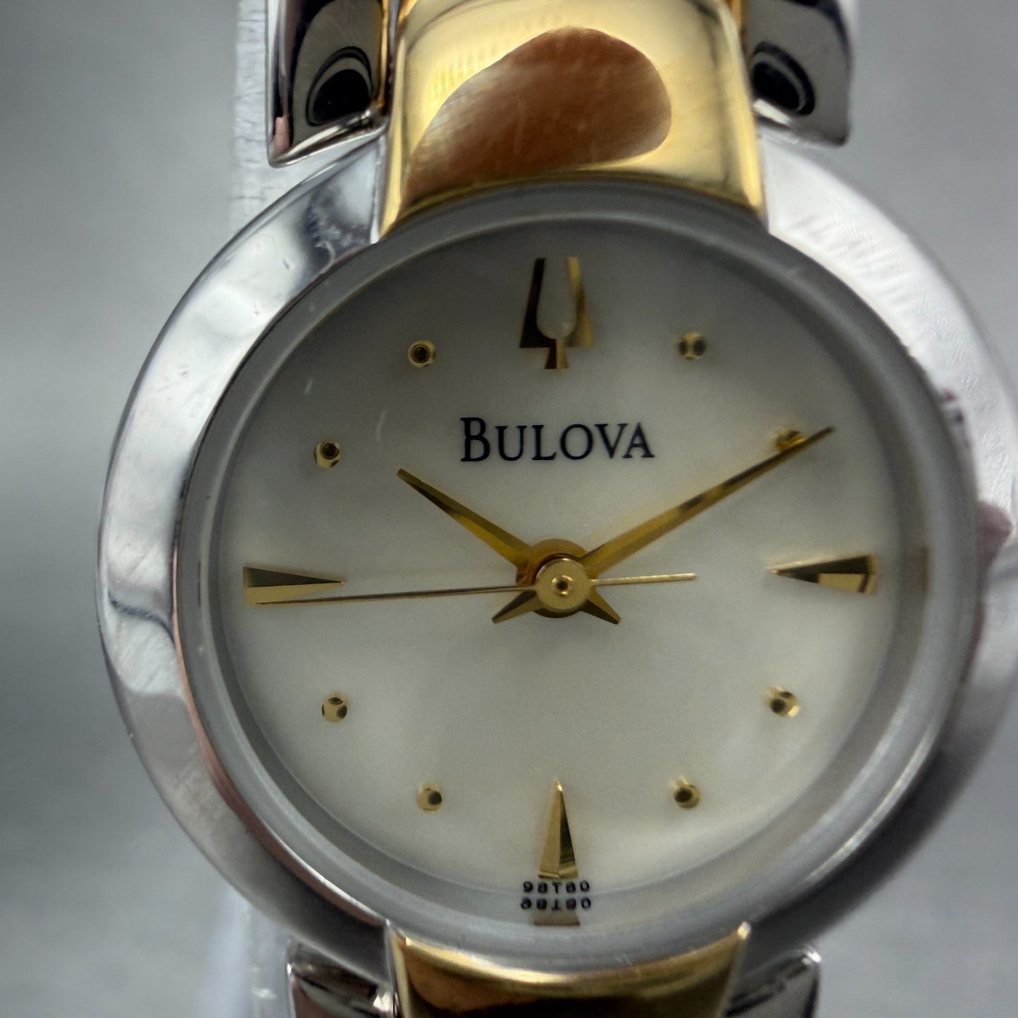 Bulova Watch Women 22mm MOP Dial Two Tone Round 98T80 Bangle New Battery ABCD1231