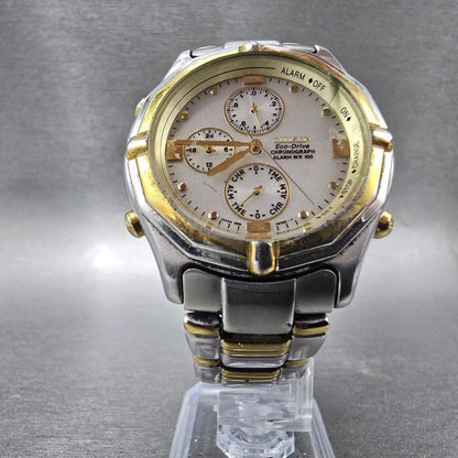 Citizen Eco-Drive Chronograph Watch Men 38mm White Dial Two Tone Alarm 0850 Runs6