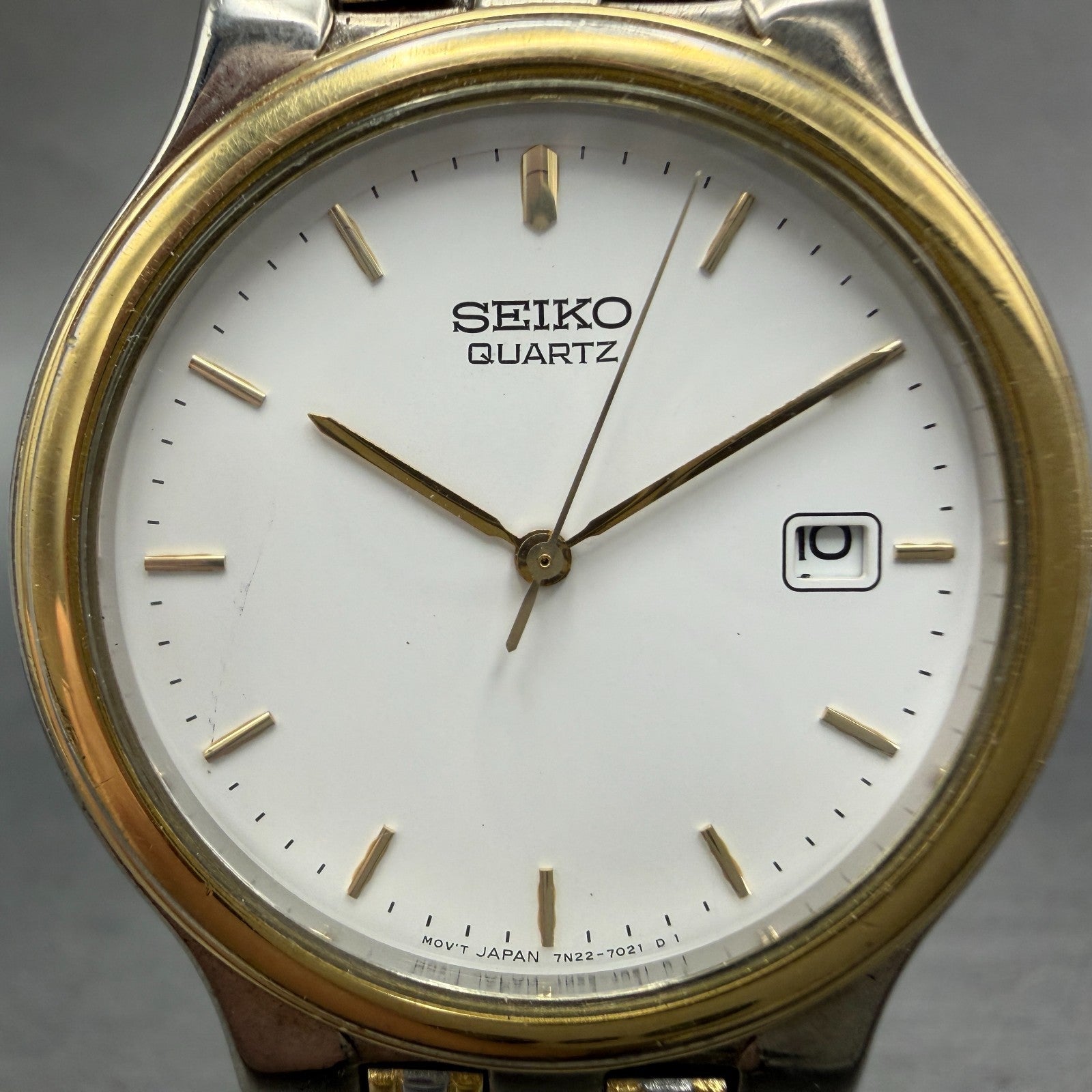 Seiko Watch Men 34mm White Dial Two Tone Date Round 7N22-7021 New Battery1