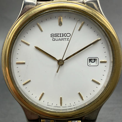 Seiko Watch Men 34mm White Dial Two Tone Date Round 7N22-7021 New Battery1