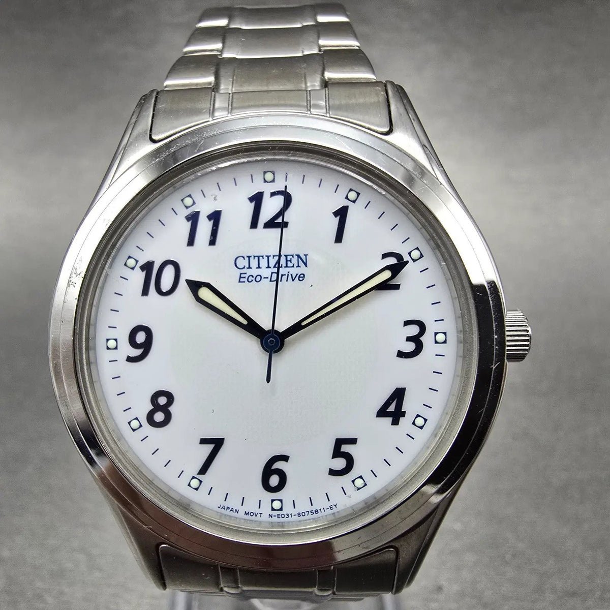 Citizen Eco-Drive Watch Men 36mm White Dial Silver Date E031-S048419 Round Runs0