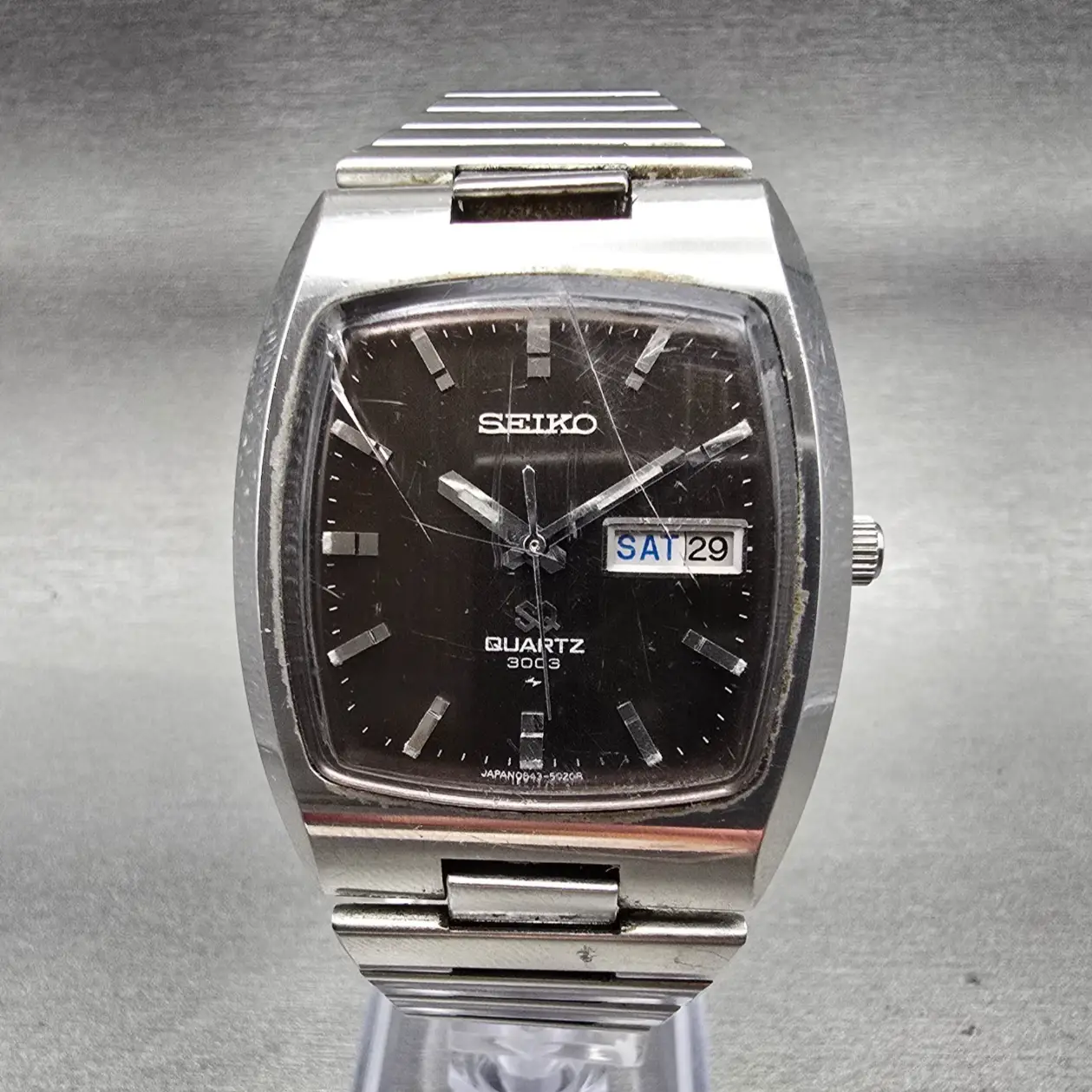 Seiko SQ Watch Men 35mm Black Dial Silver Tone Daydate 0843-5029 New Battery VTG0