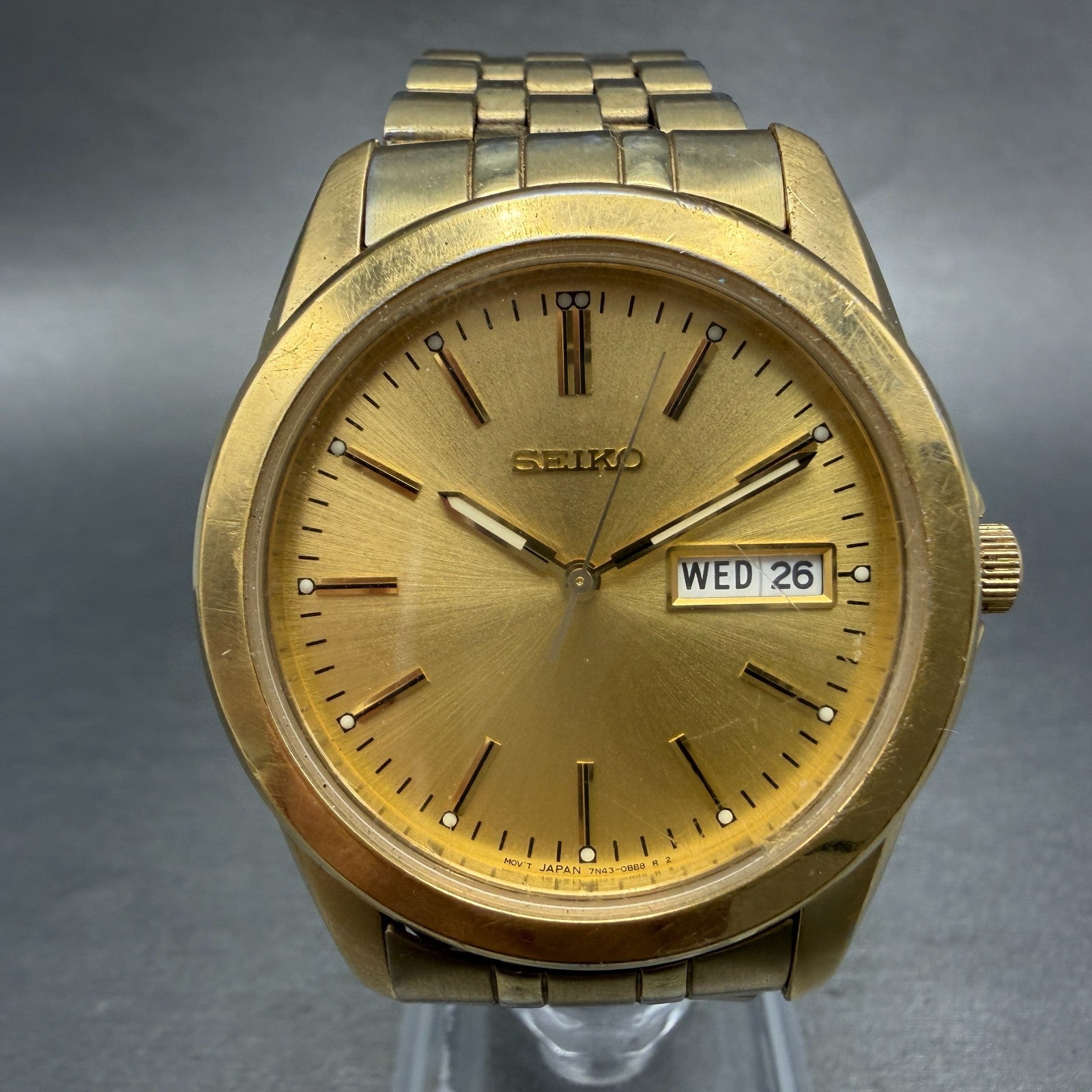 Seiko Watch Men 37mm Champagne Dial Gold Tone Daydate 7N43-0AM0 New Battery0