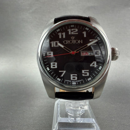 Croton Watch Men 44mm Black Dial Silver Tone Daydate Round New Battery5