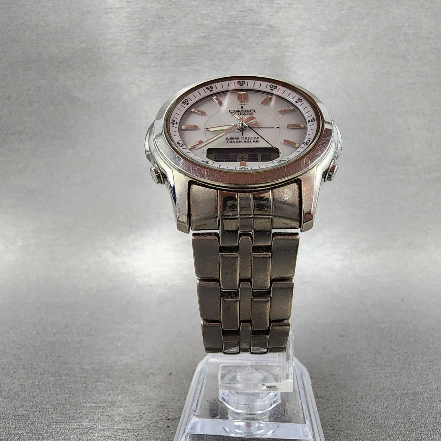 Casio Lineage Watch Men 41mm White Dial Titanium Analog Digital Solar Runs5
