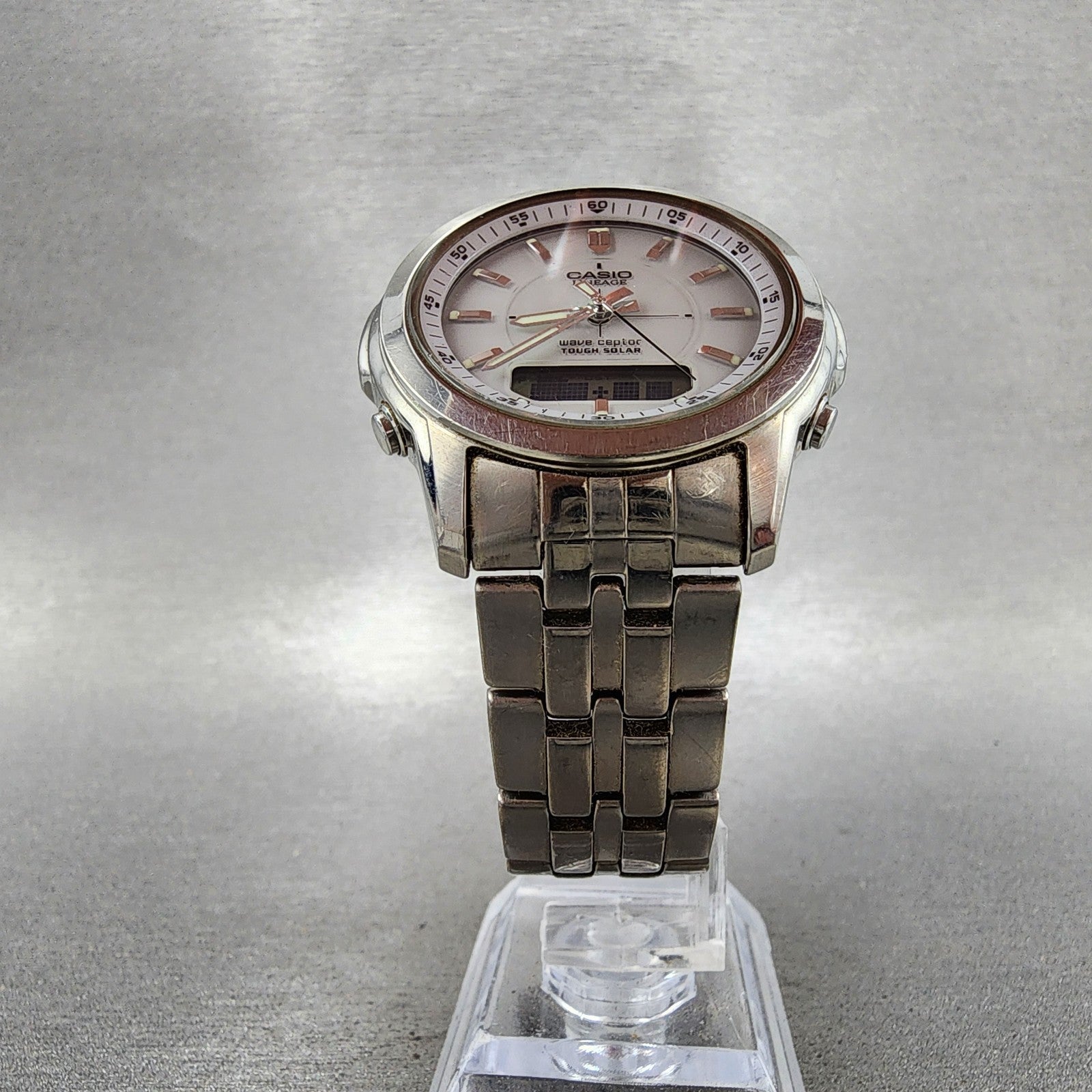 Casio Lineage Watch Men 41mm White Dial Titanium Analog Digital Solar Runs5