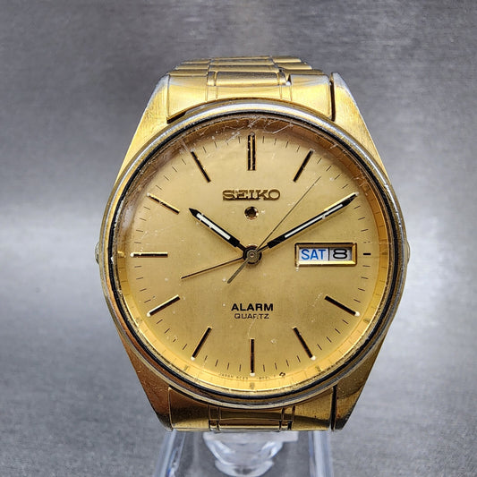 Seiko Alarm Watch Men 34mm Gold Dial Gold Tone Daydate Round 5C23-8009 READ!!!!!