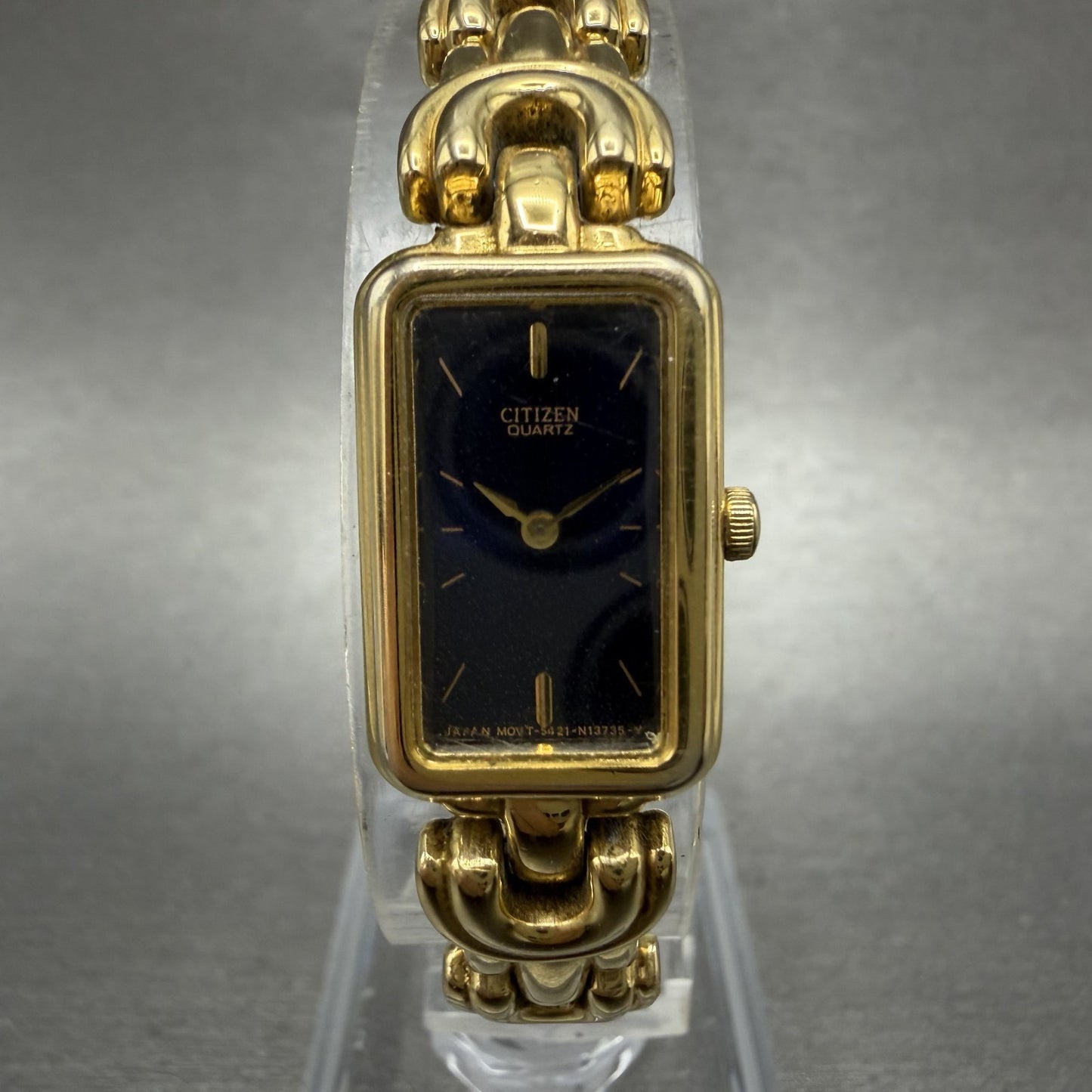 Citizen Tank Watch Women 14mm Blue Dial Gold Tone Rectangle 5421S36475 New Bat0