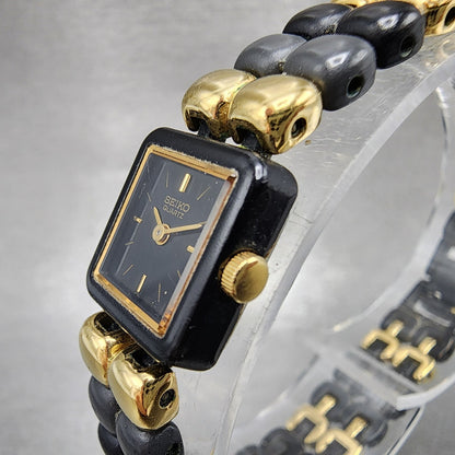 VTG Seiko Watch Women 14mm Black Dial Black Tone Rectangle 1E205540 New Battery2