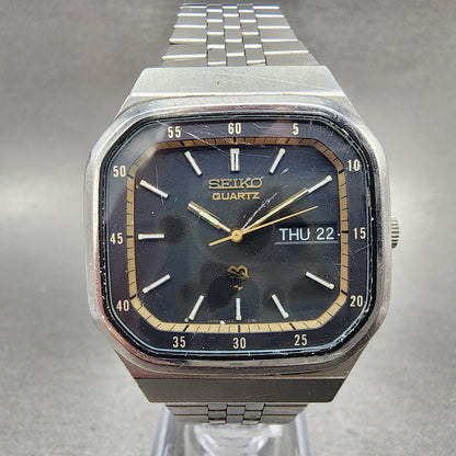 Seiko SQ Watch Men 36mm Black Dial Stainless Steel Daydate Rectangle New Battery